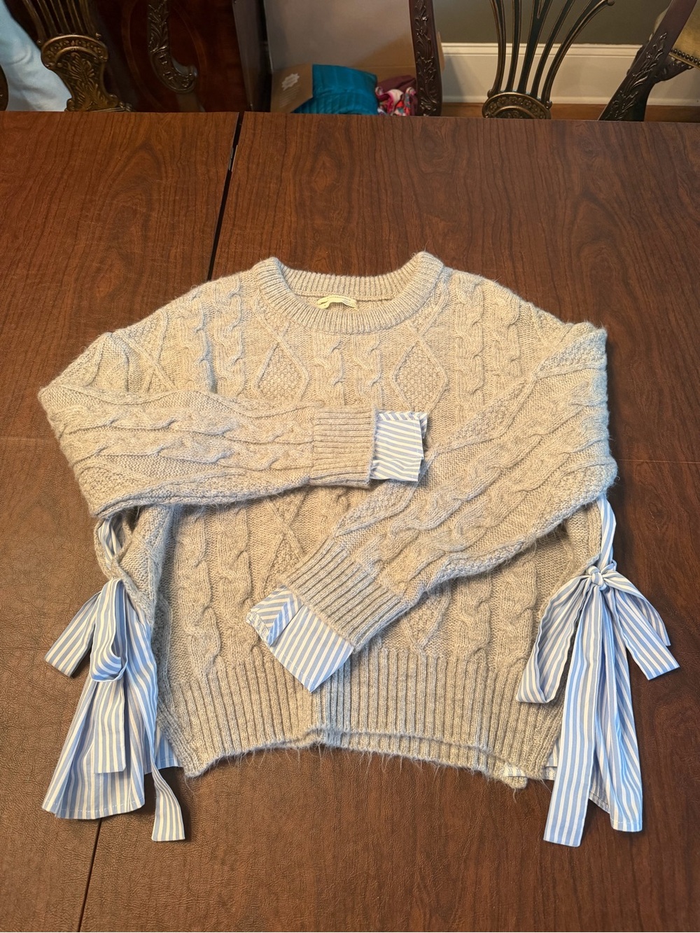 Anthropologie gray Cable-Knit Sweater with Blue Striped Tie Details